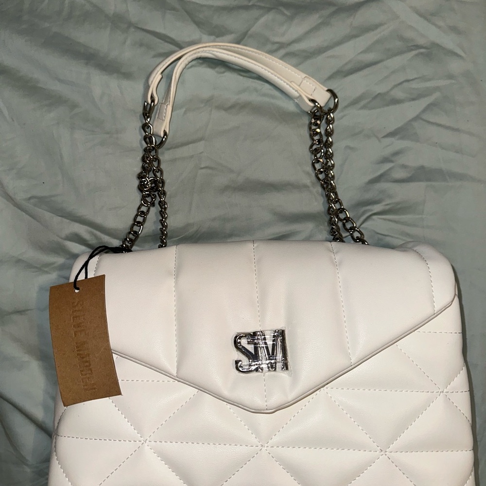 Steve Madden White Quilted Shoulder Bag with Chain Detail